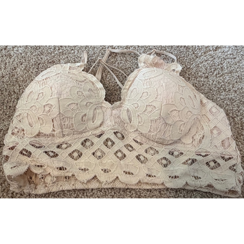 Anna‎ Grace Floral Lace Bralette Blush Pink Lined Longline Caged Back Large